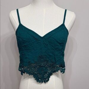 Free People intimately Size M Teal Lace Trim Tank Top Embroidered Emerald Green